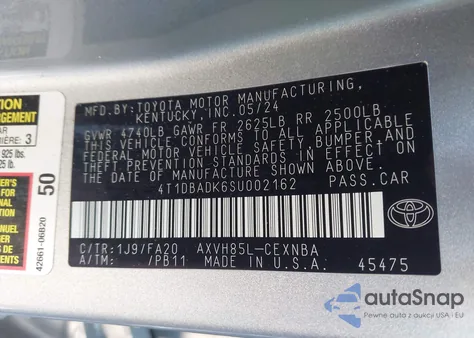 2025 Toyota Camry Le from USA, damaged, VIN 4T1DBADK6SU002162